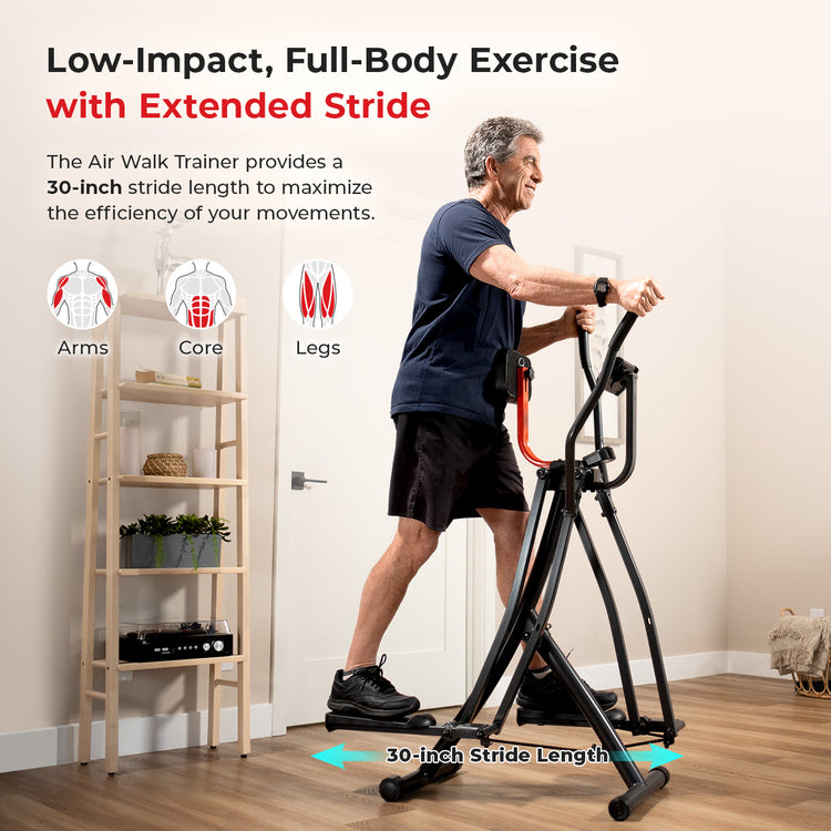 man exercising on Smart Air Walk Trainer with text "Low-Impact, Full-Body Exercise with Extended Stride"