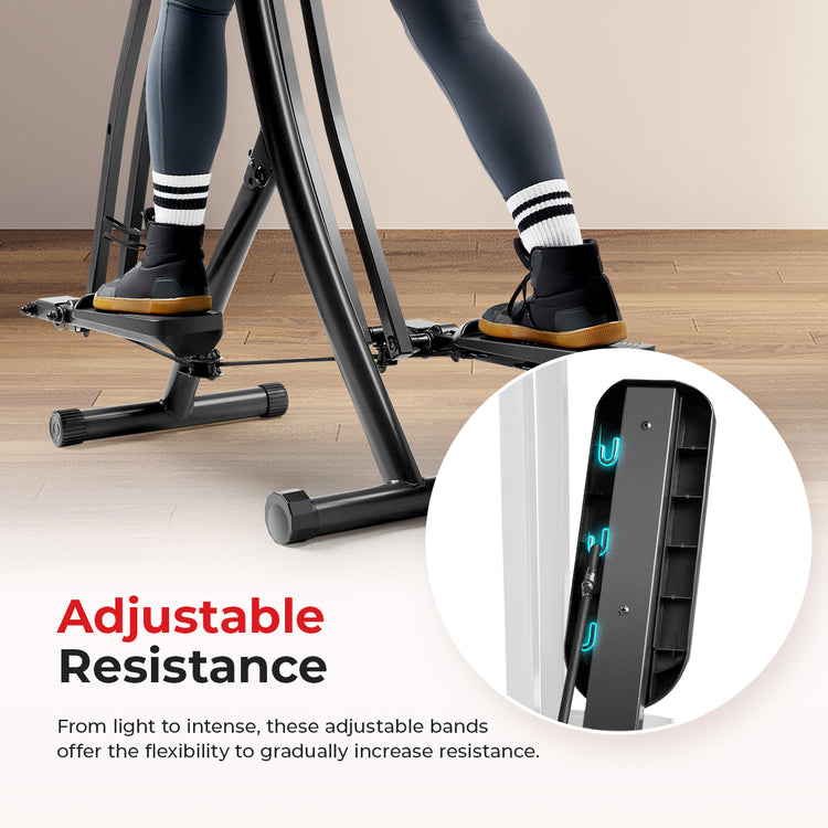 Close up of pedals and feet of person exercising on Smart Air Walk Trainer with text "adjustable resistance"