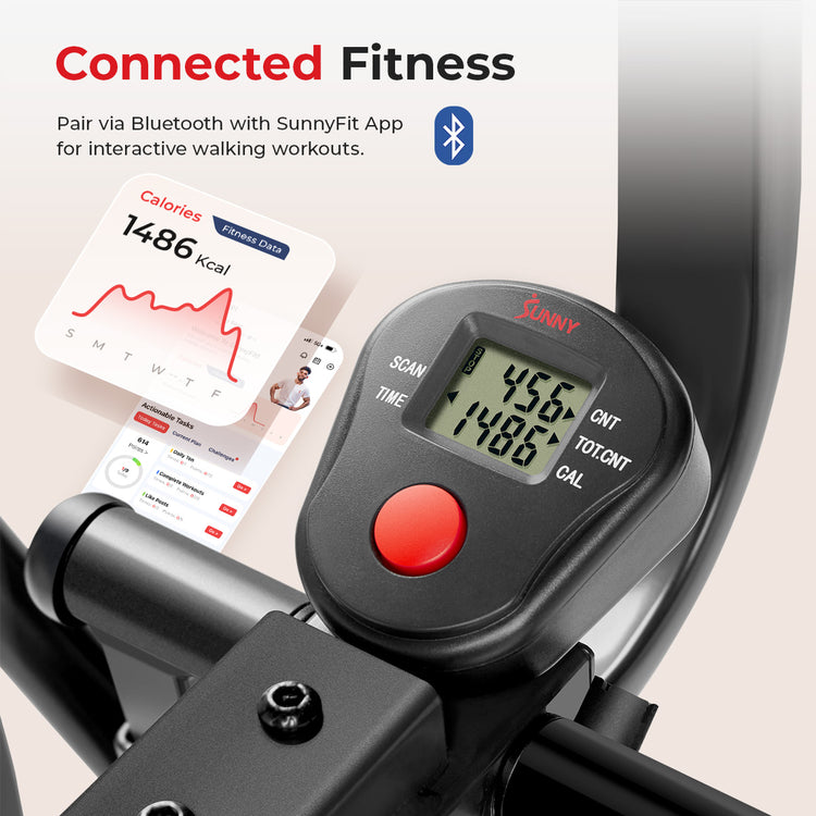 close up image of digital monitor on Smart Air Walk Trainer with text "Connected Fitness"