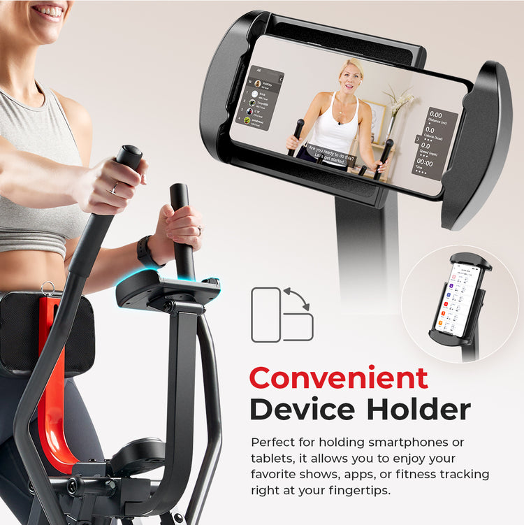 close up image of device holder on Smart Air Walk Trainer with text "Convenient Device Holder"