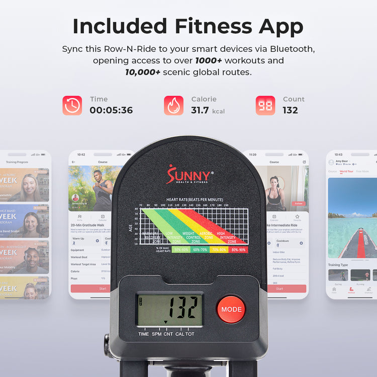 Sunny Smart Row-N-Ride Trainer In Roze – Alles-in-1 Thuis Fitnessapparaat Met 4 Weerstandsniveaus, Opvouwbaar, Inclusief Gratis SunnyFit App & Bluetooth