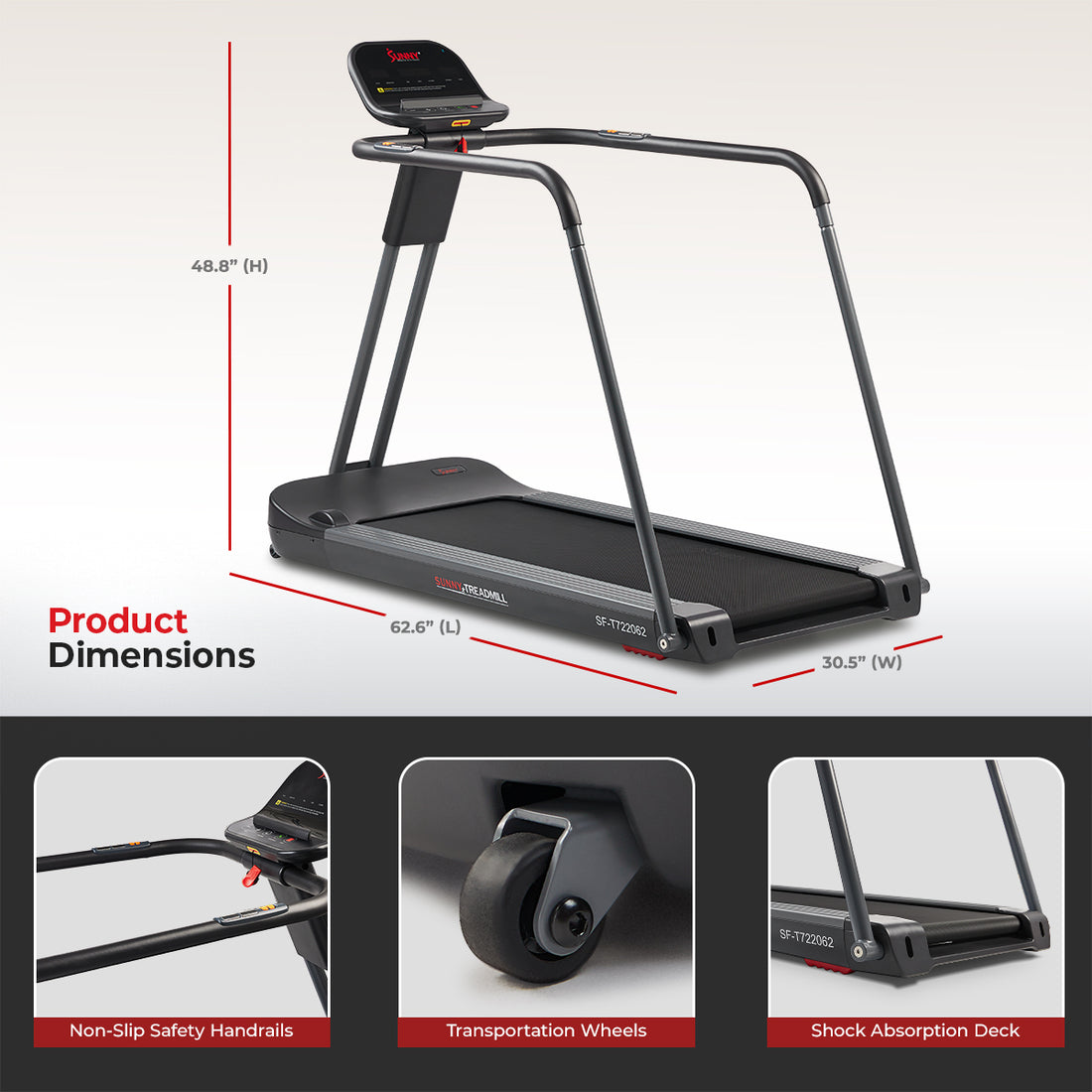 Treadmill Standing Rails Smart Motorized Treadmill with Handrails | Sunny Health & Fitness ...