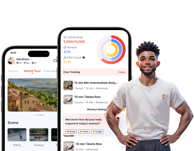 AI avatar man next to two phone screenshots