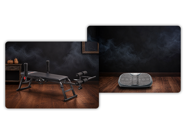 images of decompression bench and vibration plate on spooky background