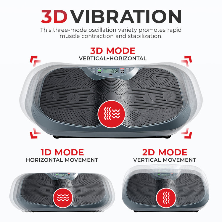 3D VIBRATION | Choose from 3 modes that oscillate the vibration platform in 3 directions (up/down, right/left, combo). This oscillation mode variety encourages rapid muscle contraction and stabilization for building strength, increasing energy expenditure, improving circulation and bone health, and more!