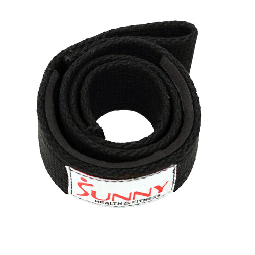 COLOR | Black strap with a white, red, and black Sunny Health & Fitness Logo stitched on the outside.