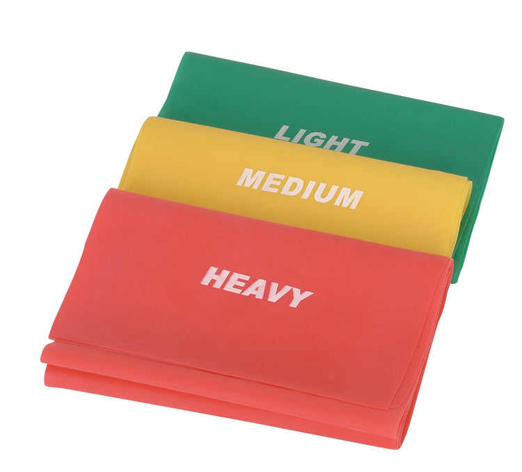 COLOR CODED | Comes in packs of 3 different resistance levels: green for light (10 pounds), yellow for medium (20 pounds), and red for heavy (30 pounds).