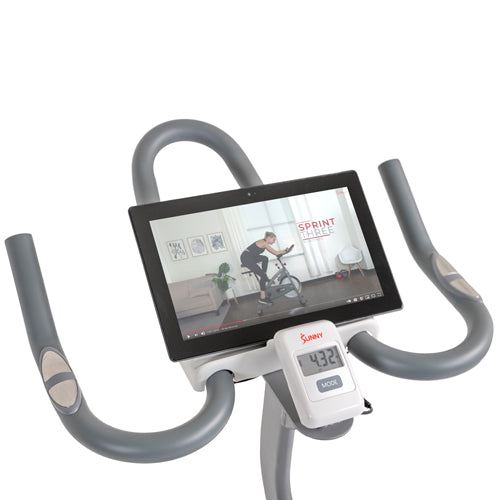 DEVICE HOLDER | Ride along with our Sunny Health & Fitness trainers or with the preferred indoor cycling app or program of your choice.