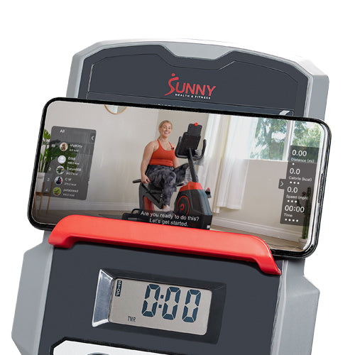 DEVICE HOLDER | Secure your phone or tablet in the centrally located device holder. Stay entertained during your workouts and stream your favorite TV show, or dial in your exercise session with a trainer-led workout in the SunnyFit® app.