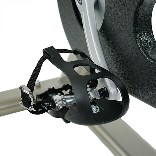 Clip-In/Caged Foot Pedals | Pedals can accommodate clip-in cycling shoes and have a cage for gym shoes.