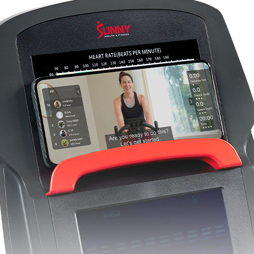 DEVICE HOLDER | Secure your phone or tablet in the centrally located device holder. Stay entertained during your workouts and stream your favorite TV show, or dial in your exercise session with a trainer-led workout in the SunnyFit app.