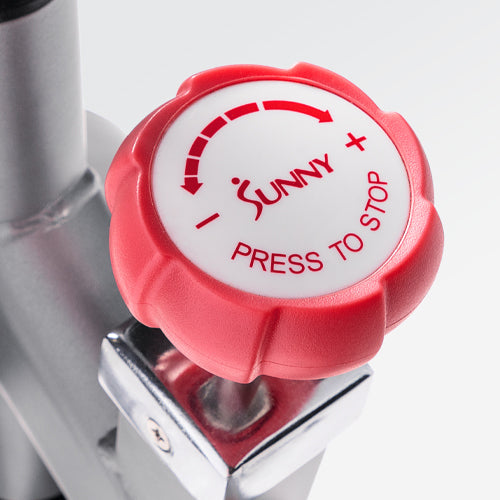 EMERGENCY STOP BRAKE |Your workout can be brought to an immediate stop with the convenient emergency brake button. This bike has a bigger and wider fly wheel, plus the magnets are on the top-front of the flywheel, which make it easy to stop. 