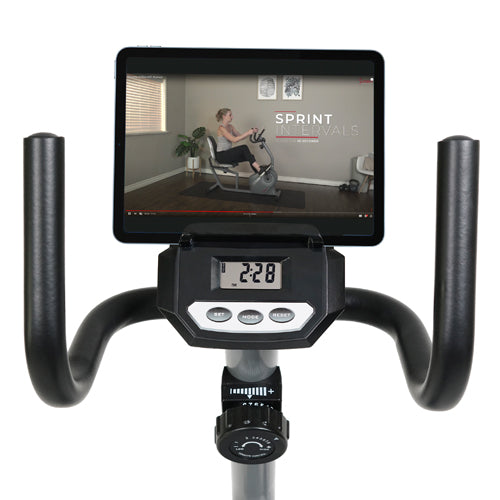 DEVICE HOLDER | Place your mobile device on the holder and follow along to your favorite Sunny Health & Fitness online training workout videos.
