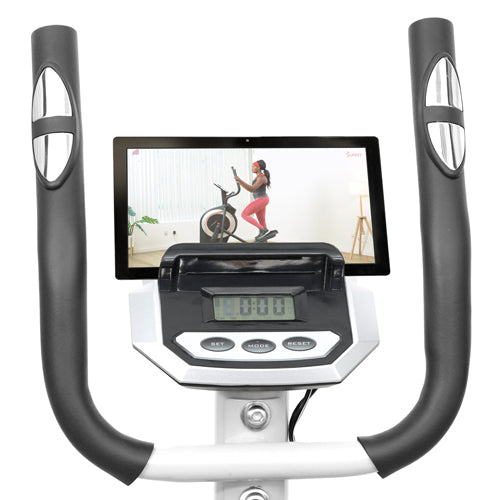 DEVICE HOLDER | Stride along with our Sunny Health & Fitness trainers or with the preferred indoor cycling app or program of your choice.