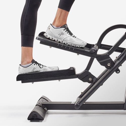 CLIMB & STEP | This versatile machine combines the best of stepping and striding in one intense movement. Climb to a vertical height of 9 inches and stride a horizontal distance of 5 inches.