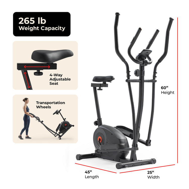 Essential Magnetic Resistance 2-in-1 Cross Trainer Elliptical Bike | Sunny Health & Fitness