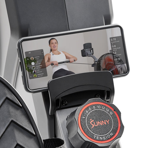DEVICE & TABLET HOLDER | Follow along to your favorite Sunny Health & Fitness training videos on your tablet or mobile device.