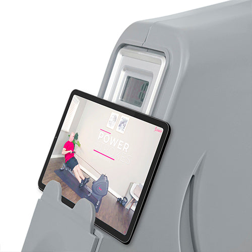 DEVICE HOLDER | Place your tablet, phone, or other mobile device to stay connected. Follow along online with our Sunny Health & Fitness trainers for certified fitness tips, advice, and lessons.