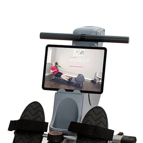 DEVICE HOLDER | Place your tablet, smart phone or other mobile devices and work out along with our Sunny Health & Fitness trainers. Join them online through social media or view our online video fitness routine database.