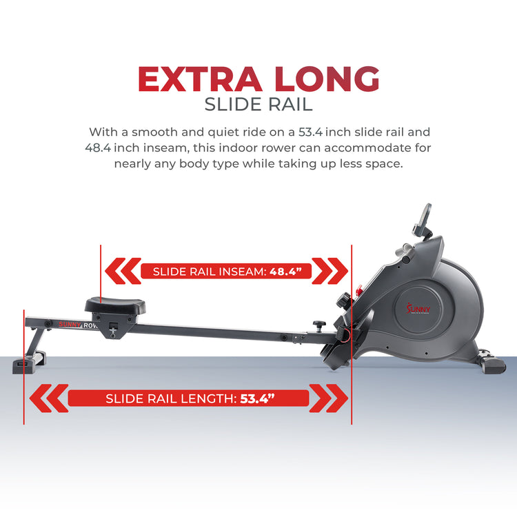 Rowing machine rail length guide for tall users
