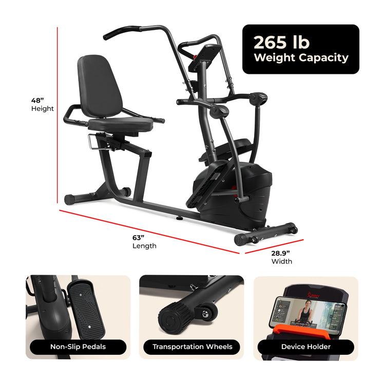 Smart Magnetic Dual Action Recumbent Elliptical Trainer | Sunny Health & Fitness