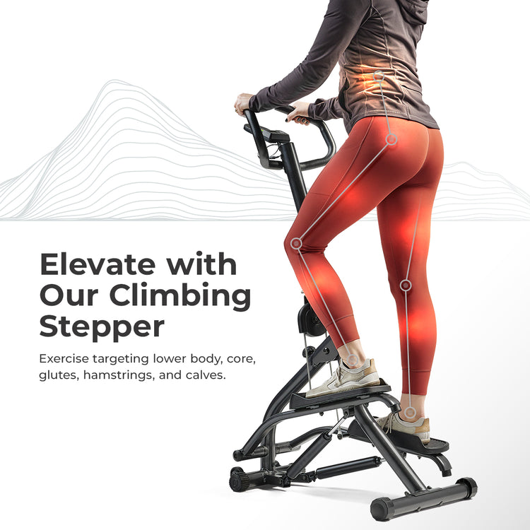 person on Climber Stepper with Handlebar with text "Elevate with our climbing stepper"