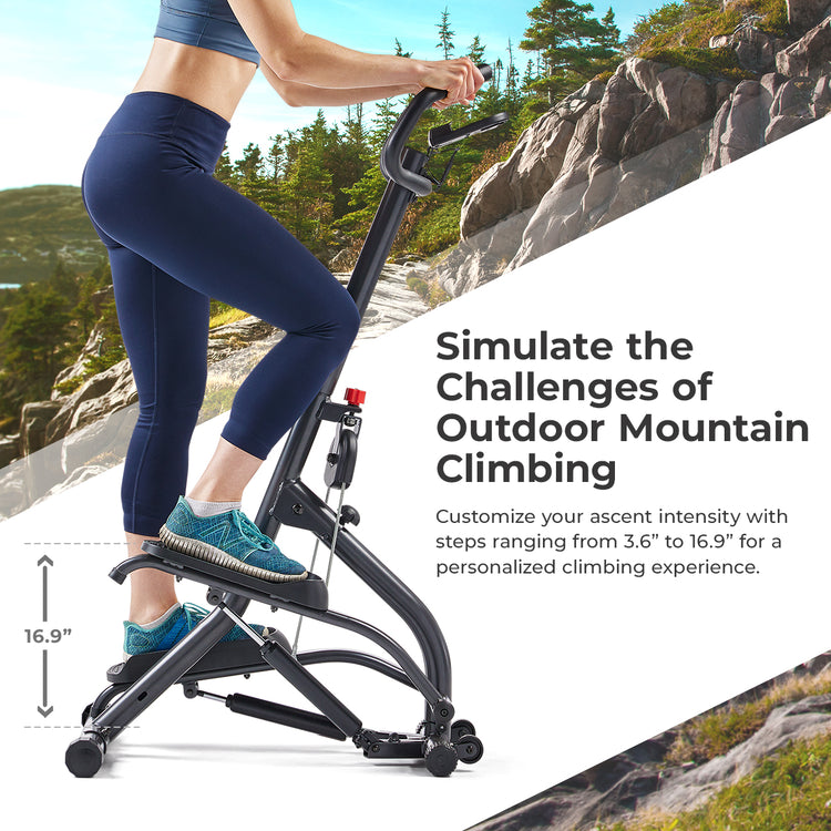 person using Climber Stepper with Handlebar with mountain hill background and text "simulate the challenges of outdoor mountain climbing"