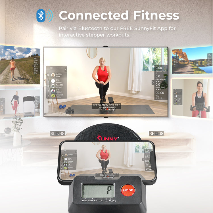 multiple TV screen showing workout screen and Climber Stepper's device holder with phone showing workout screen