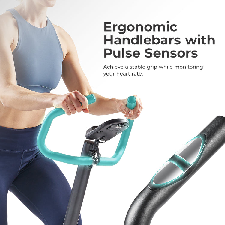 close up of person's arms and midsection using the Climber Stepper with Handlebar with text "ergonomic handlebars with pulse sensors"