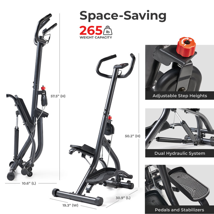 pictures of Climber Stepper with Handlebar with dimensions and text "space-saving"