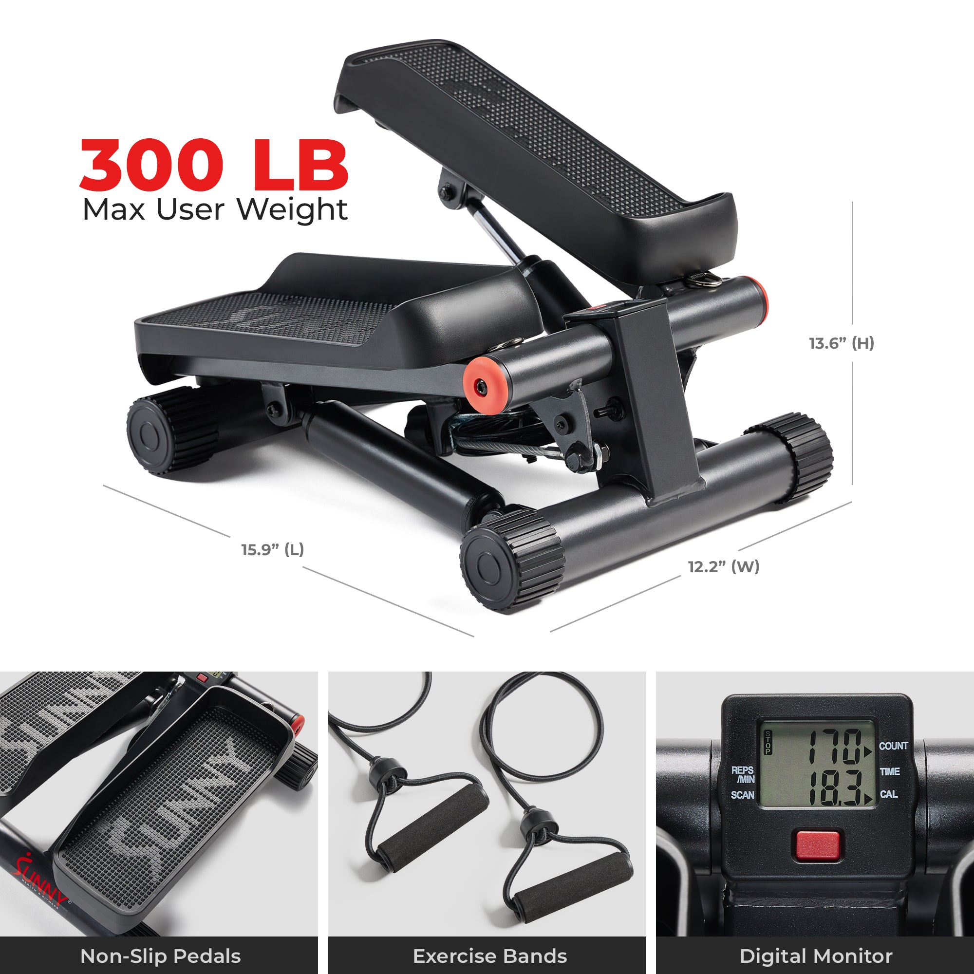 SMART Mini Stepper with Exercise Bands | Sunny Health & Fitness