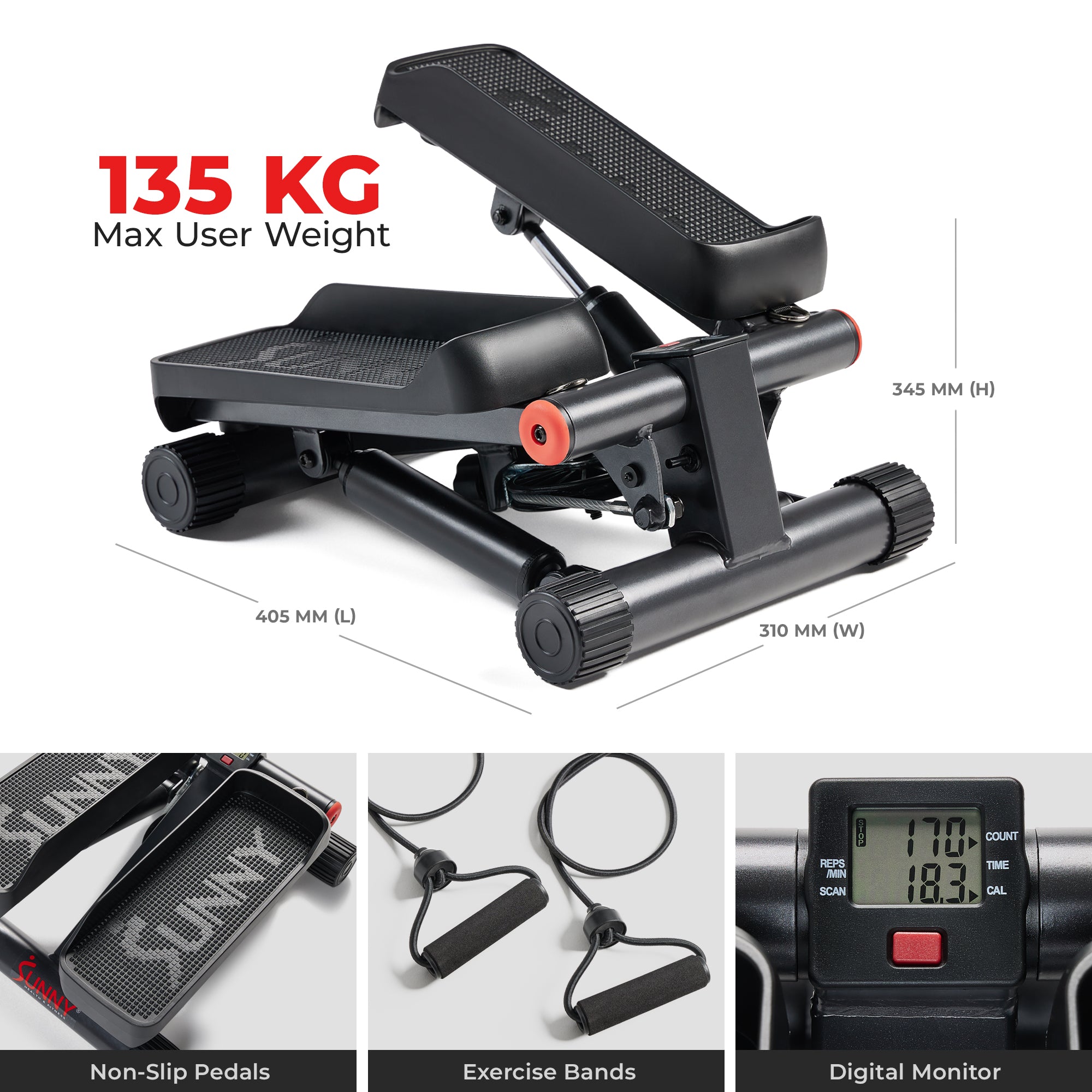 SMART Mini Stepper with Exercise Bands | Sunny Health & Fitness