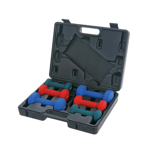 MULTI WEIGHT DUMBBELLS | Neoprene Dumbbell Case comes with three different weight sets: 2 pound, 3 pound and 5 pound weights. Clearly marked weight numbers and bright colors help signify different weight pairings for safety and convenience.