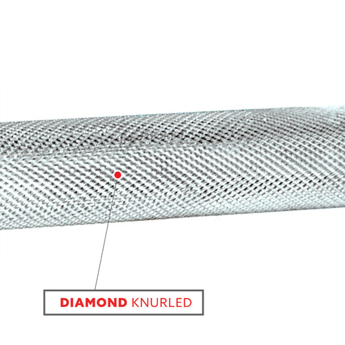 DIAMOND KNURLING | Diamond knurled grip areas for demanding workouts without slippage. Etchings are ‘medium-fine’ as most commonly found in commercial gyms. Safe and comfortable for solid grip, but not too aggressive that chew up your hands.