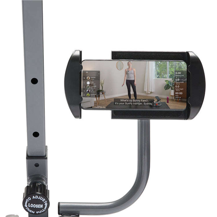 Device Holder | Comes with a convenient device holder for smartphones or tablets, keeping entertainment and fitness apps within view during exercise routines.