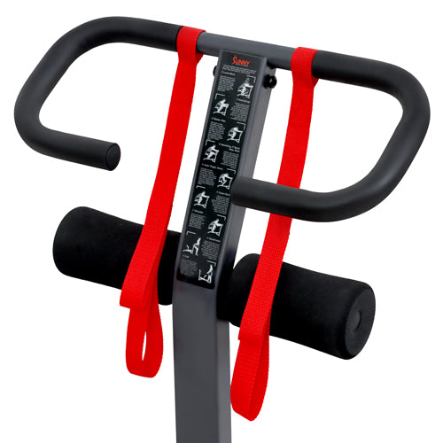 DUAL SAFETY STRAPS | 2 pairs of safety straps located on the front post of the stretch machine will help ensure the safe operation of the stretch trainer machine.