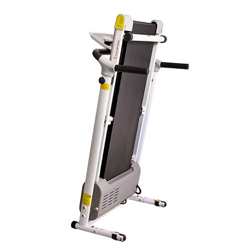 FOLDABLE | The sturdy and foldable frame on the fitness equipment has a maximum user weight capacity of 220 lbs. Fold the treadmill deck upward to save space when the machine is not in use.