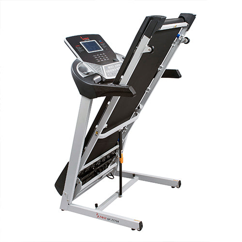 FOLDABLE | The sturdy and foldable frame on the fitness equipment has a maximum user weight capacity of 240 lbs. Fold the treadmill deck upward to save space when the machine is not in use.