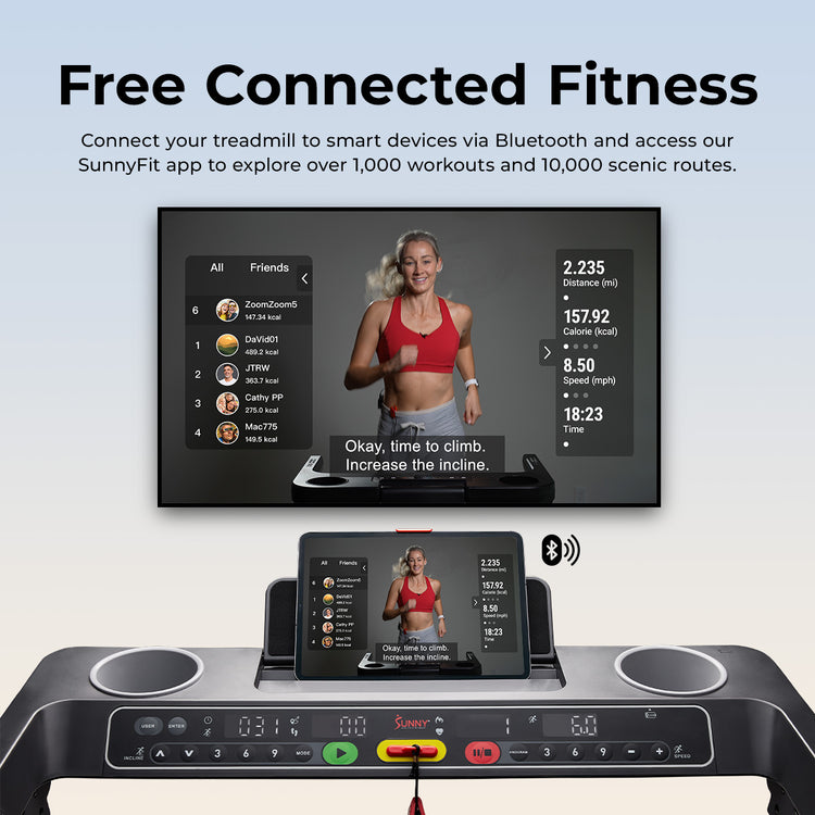 Premium Foldable Auto Incline Smart Treadmill with 20" Running Deck - Sunny Health & Fitness