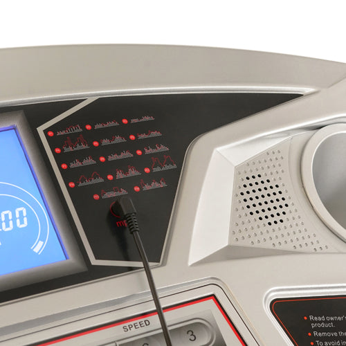 BUILT-IN SPEAKERS | Plug in your favorite smart device into the motorized treadmill via the 3.5mm auxiliary port to play your favorite music as you exercise.
