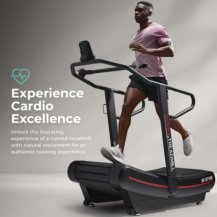 man running on manual curve treadmill with text "Experience Cardio Excellence"