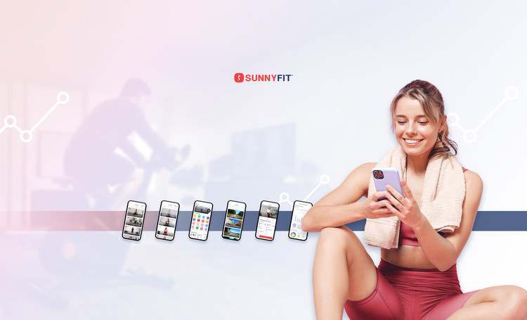 SunnyFit App banner - woman sitting down from exercise looking at mobile phone
