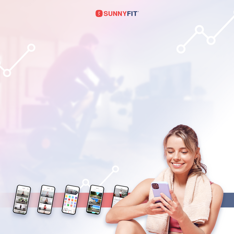 SunnyFit App banner - woman sitting down from exercise looking at mobile phone