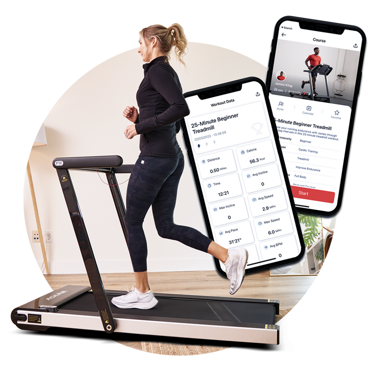 SunnyFit app, woman running on treadmill