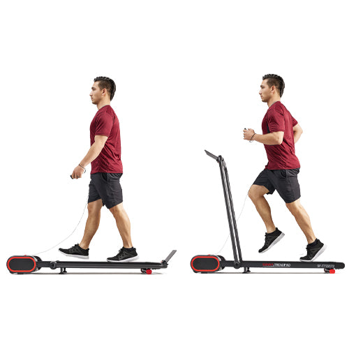 DUAL MODE (WALK + RUN) | With two modes (walk or run), this treadmill can be used without handles as a walking treadmill, with a speed range of 0.5 to 3.7 mph. With the handlebar unfolded and fully extended, the treadmill allows for running speeds of up to 6 mph.