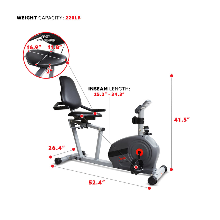 Magnetic Smart Recumbent Bike with Exclusive SunnyFit® App Enhanced Bluetooth Connectivity