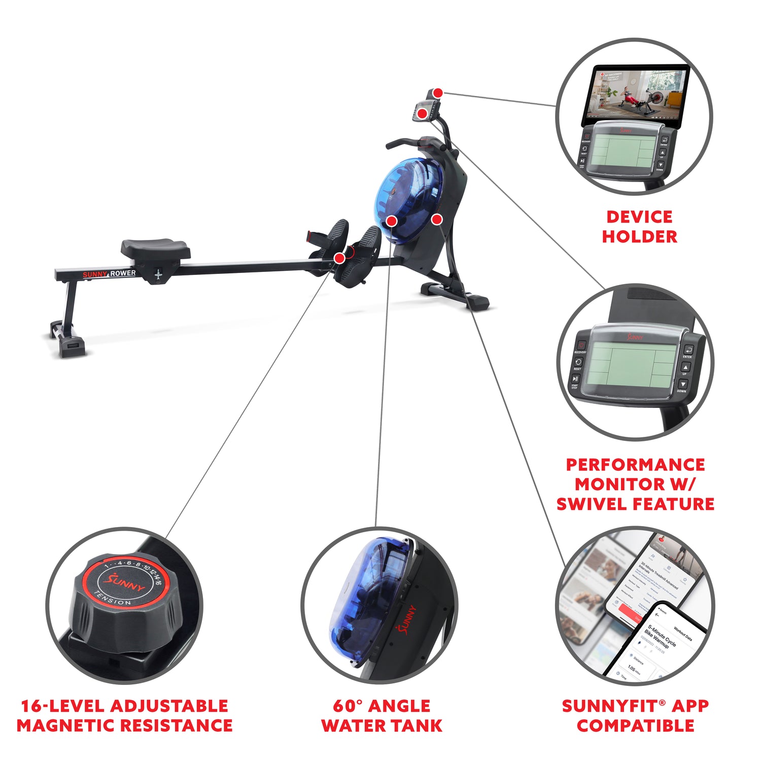 Hadro Rowing Machine Hydro + Dual Resistance Smart Magnetic Water Rowing Machine | Sunny ...