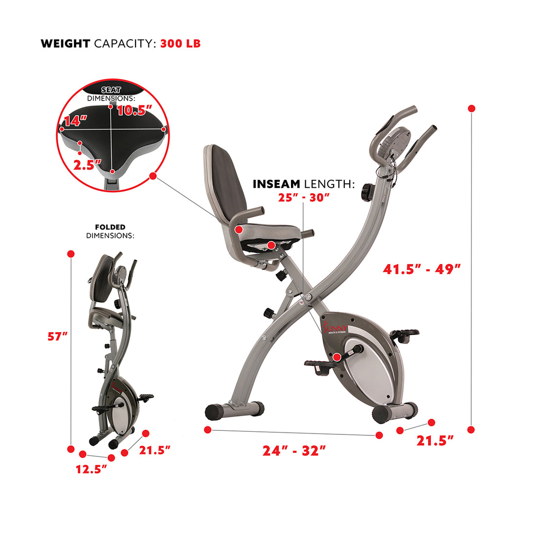 Upright Folding Magnetic Semi Recumbent Bike, Comfort XL w/ High Weigh ...