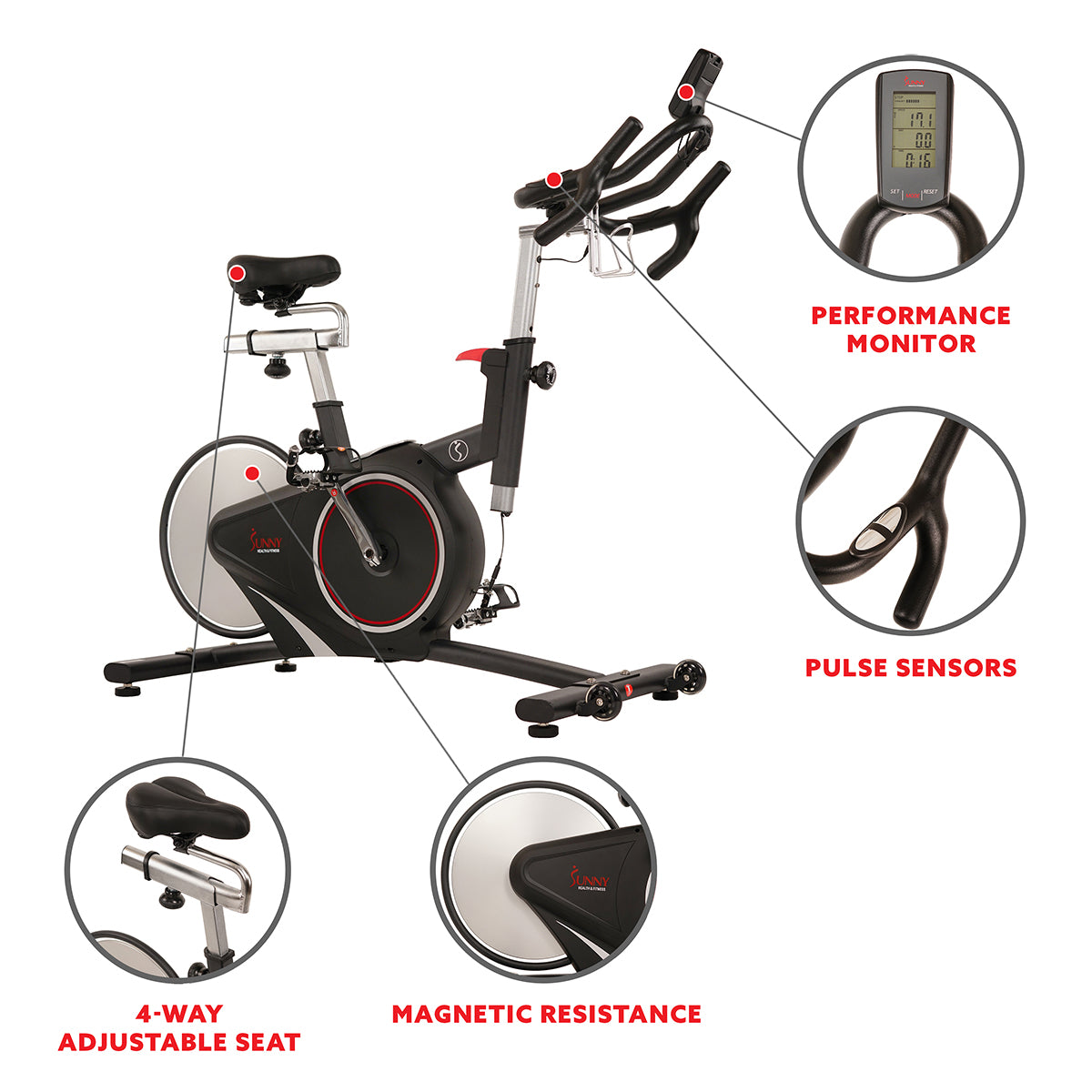 Sunny Health & Fitness Indoor Cycling Exercise Bike with Magnetic/Felt  Resistance and Belt/Chain Drive Optional Bluetooth Connectivity with  SunnyFit®