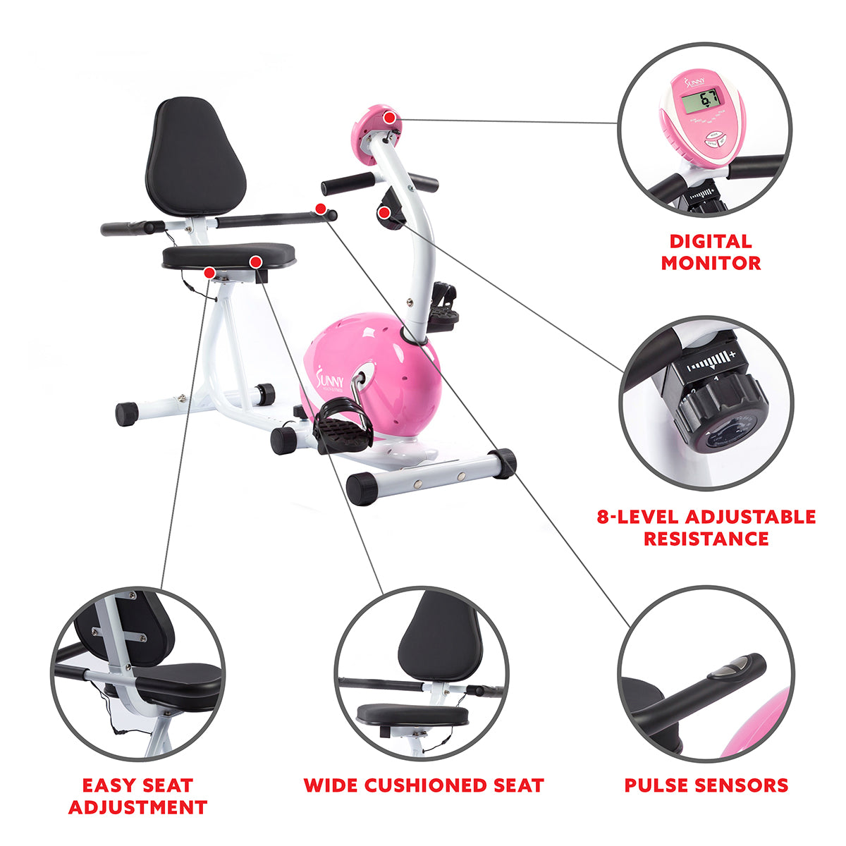 Pink Recumbent Exercise Bike Magnetic Resistance w/ Heart Rate 